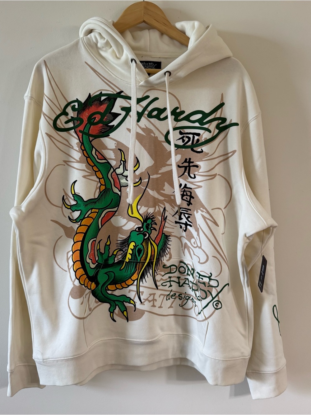 Ed Hardy Mens Hoodie XL Cream White Green Dragon Graphic Pullover Sweatshirt